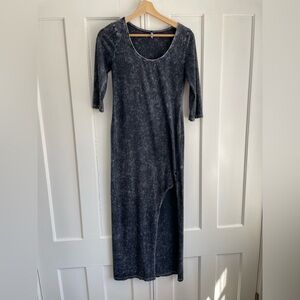 Cefian USA Black & grey acid wash stretchy maxi dress w slit Goth Alternative